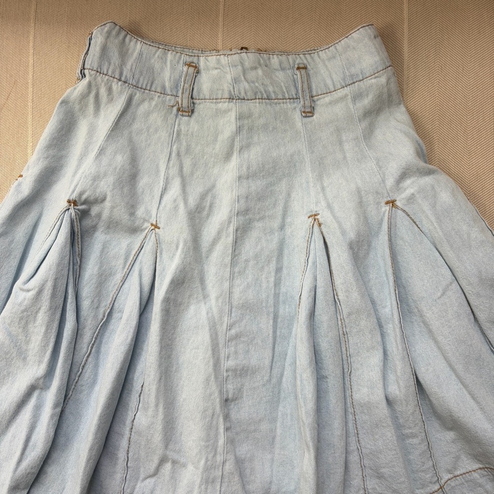 Vintage Pleated Denim Jean Skirt Junior Size 5 Small Bleach Light Wash A Line